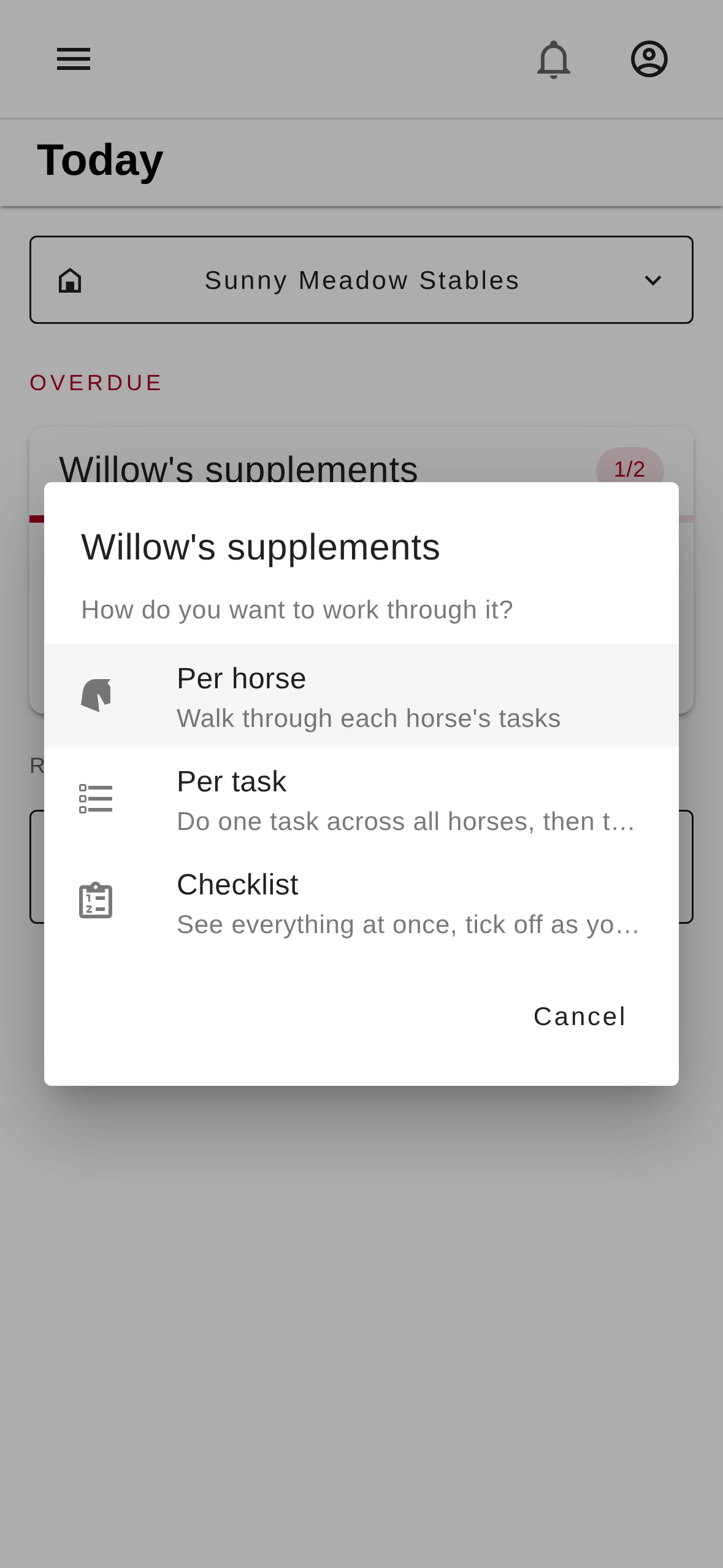StableUp Start Routine mode picker showing three options: Per horse, Per task, and Checklist