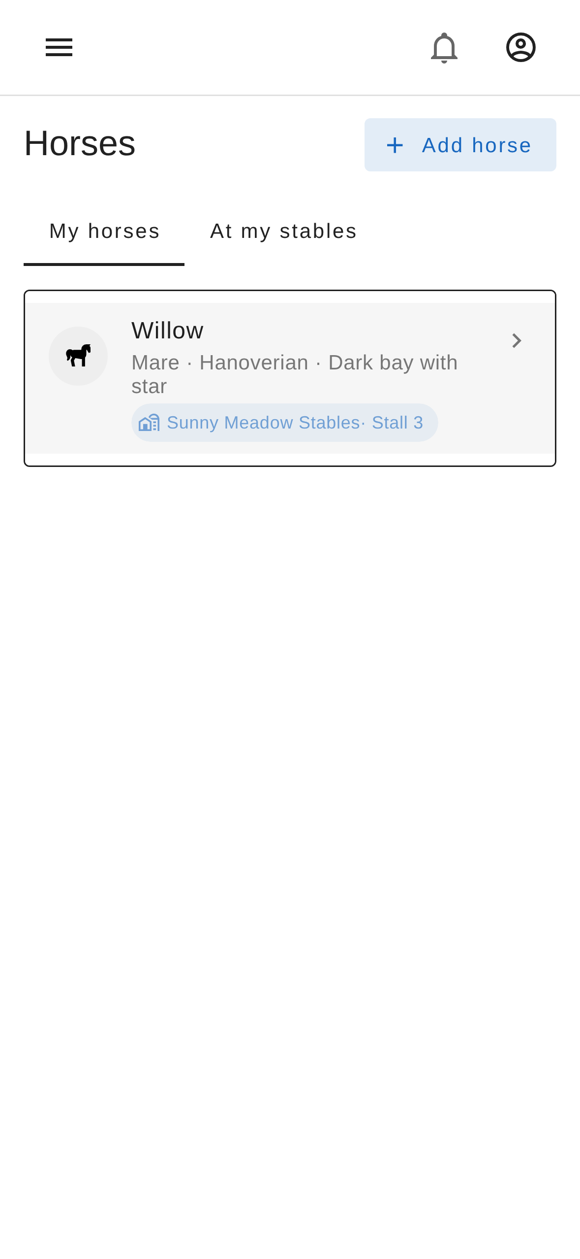 A boarder's horses list showing horses across multiple stables in one view