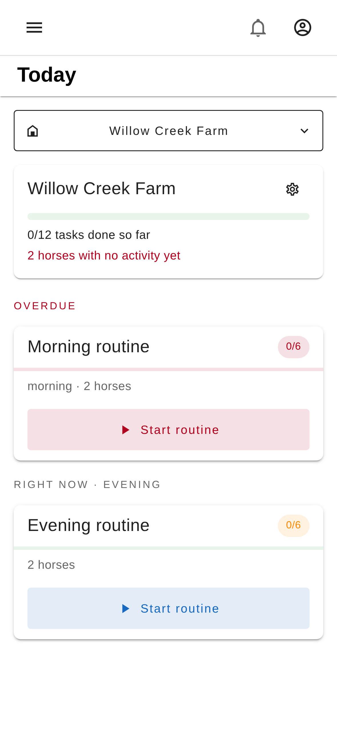 StableUp Today screen showing a stable-wide progress bar with 6 of 6 morning tasks done