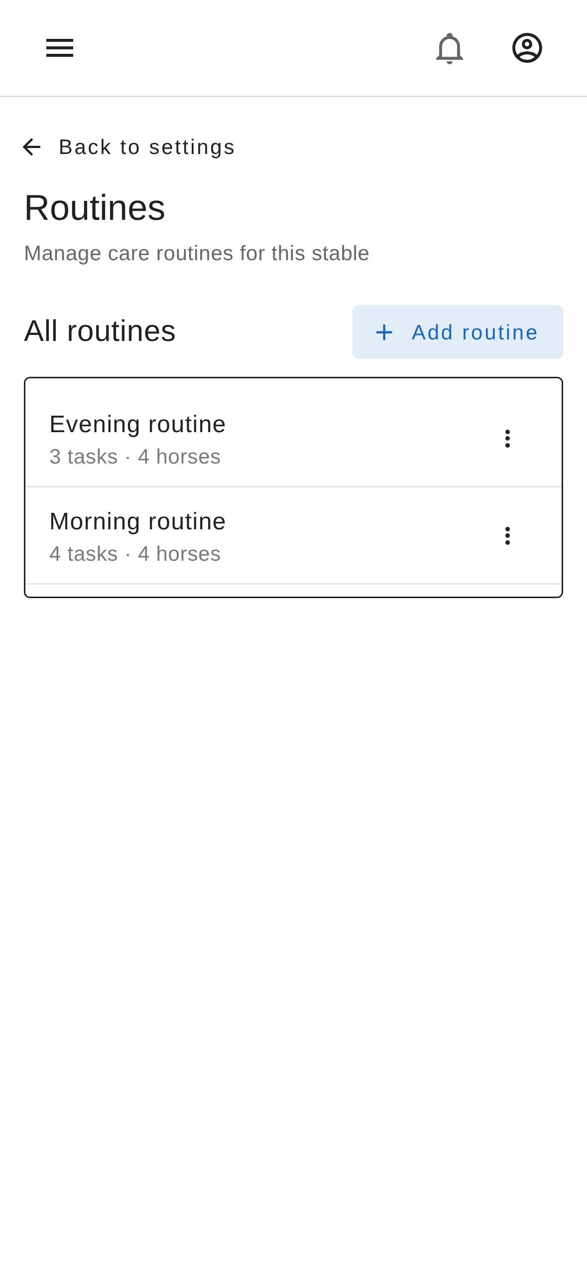 StableUp routines list showing a mix of daily, weekly, and as-needed routines