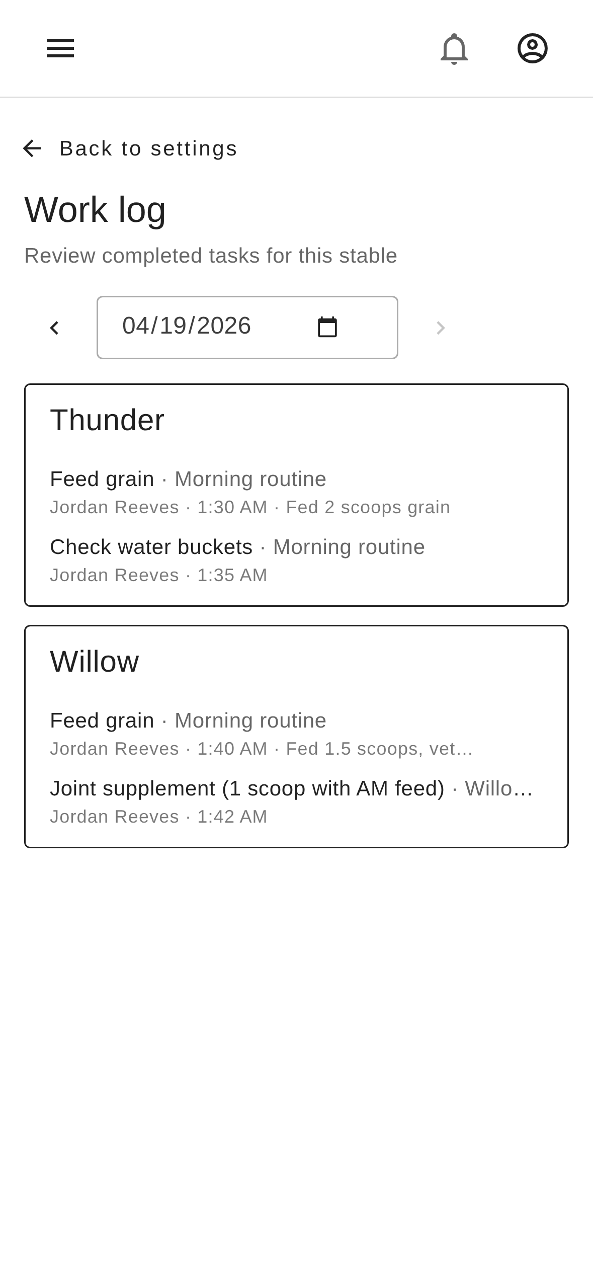 StableUp work log showing a chronological list of completed tasks with who did each one